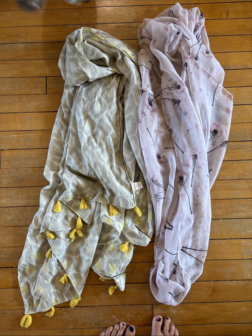 EUC Lightweight Tassel Scarf - Taupe with Yellow & Blush Floral Scarf